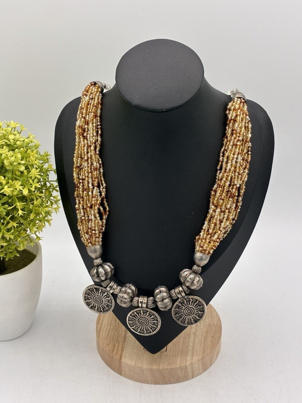 Multi Strand Caramel Honey Seed Bead Necklace Silver Tone Sun Medallions 20”